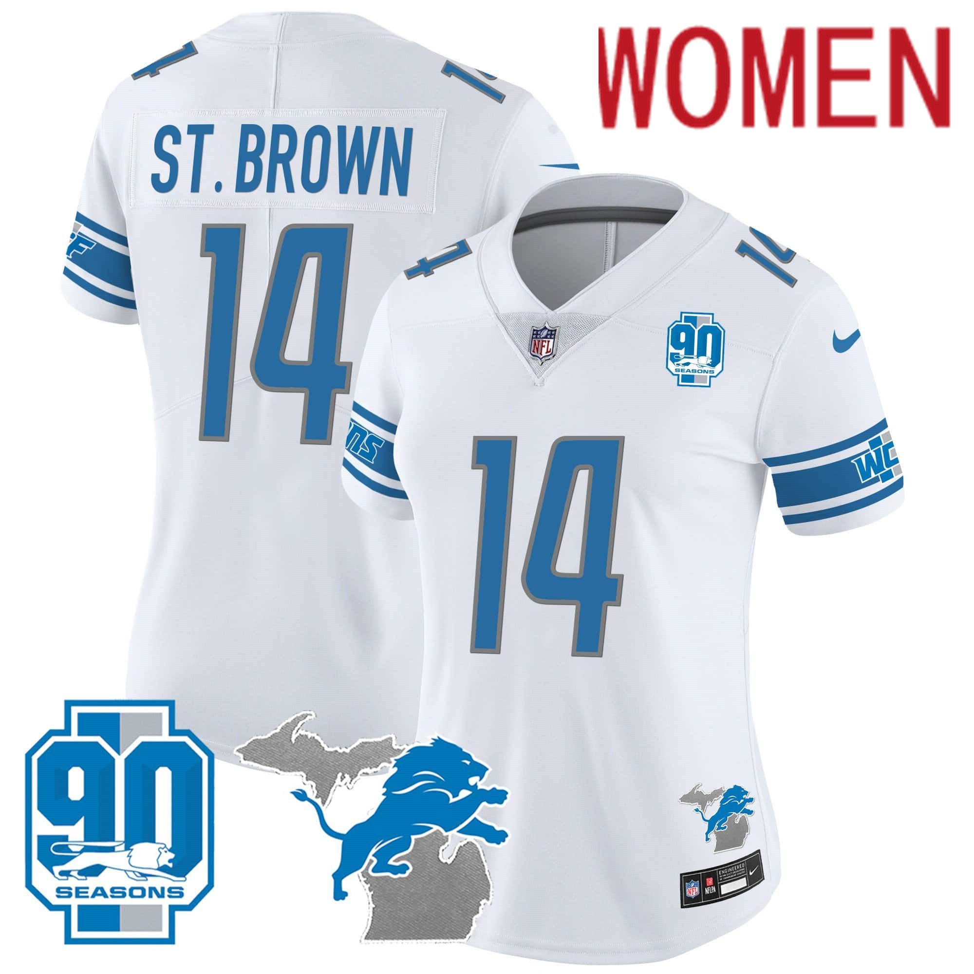 Women Detroit Lions #14 ST Brown White 2024 Nike 90th Year Michigan Patch Vapor NFL Jersey->customized nfl jersey->Custom Jersey